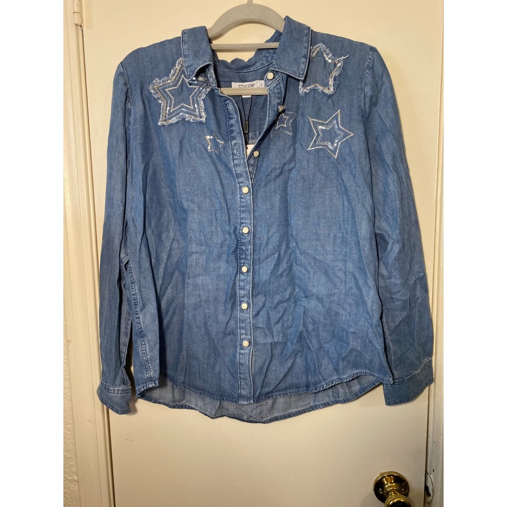 Chicos Denim Shirt Sequim Star LS Fashion Top Viola Wash Blue 2 US 12 NEW